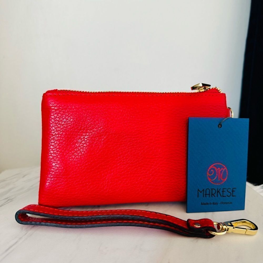 MARKESE Italian Leather Dollaro Clutch Wristlet Wallet Organizer, Red, NWT